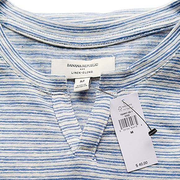 Banana Republic Linen-Blend Notch-Neck Blue Stripe T-Shirt Men's Medium NWT - Picture 3 of 6
